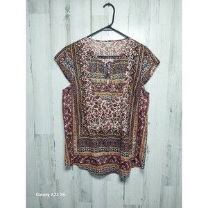Lucky Brand Women’s Studded Border Scarf Print Cap Sleeve Shirt Boho Hippie Sz L